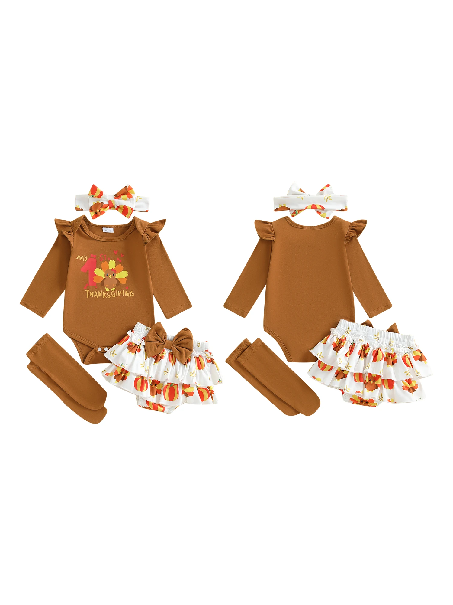 Adorable Baby Girls Autumn Ensemble with Long Sleeve Turkey Print Romper Skirt Shorts Headband and Socks - Complete Infant
