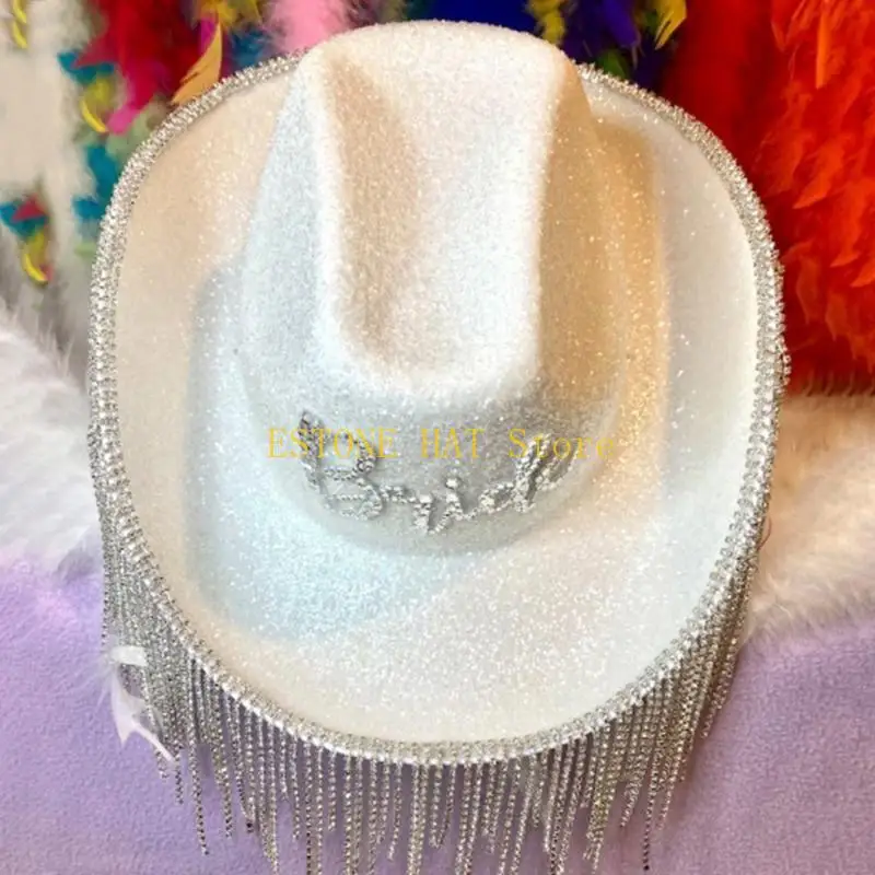 49MF Sombrero vaquera con borlas y diamantes imitación brillantes, sombrero ancha para despedida