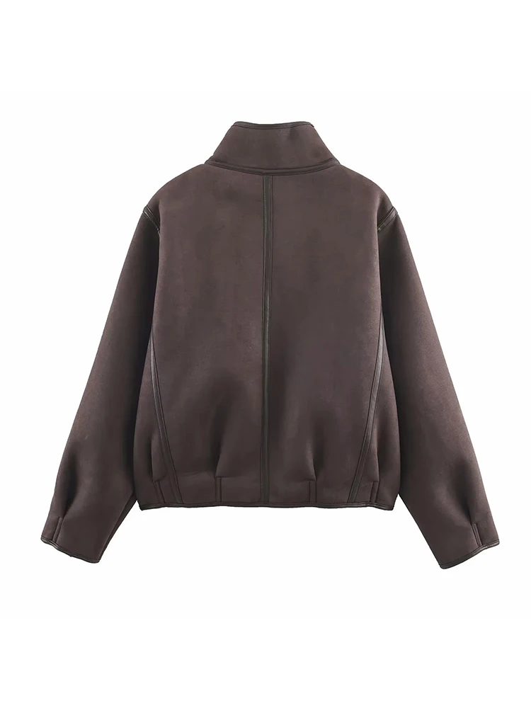 المرأة الجديدة الرجعية على الوجهين زيبر سترة الشارع الشهير فضفاض الوقوف طوق وسيم دراجة نارية سترة معطف خمر #2