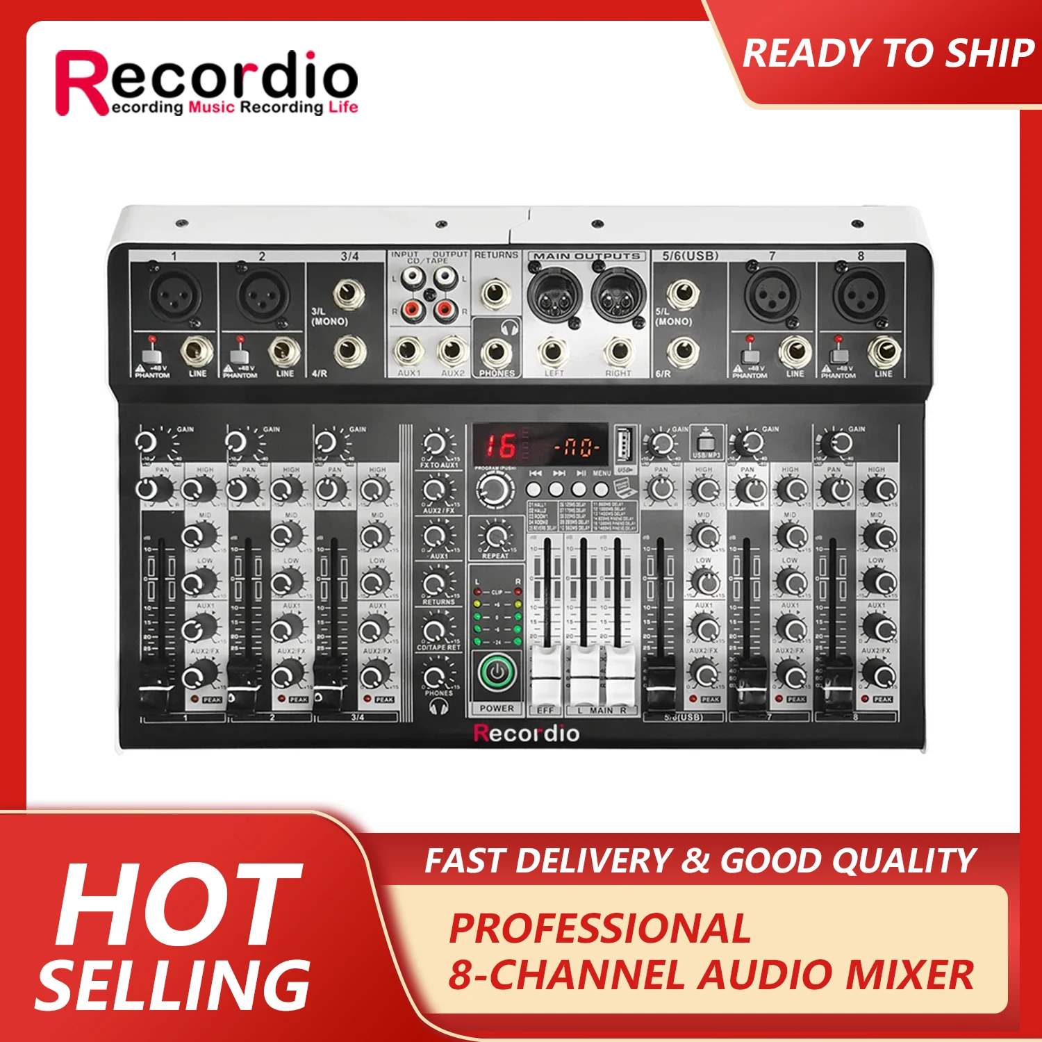 GAX-MF8 8 Channel Audio Mixer 16 Digital Reverb Effects Three Band Equalizer Mixing Console with USB +48V Phantom Power