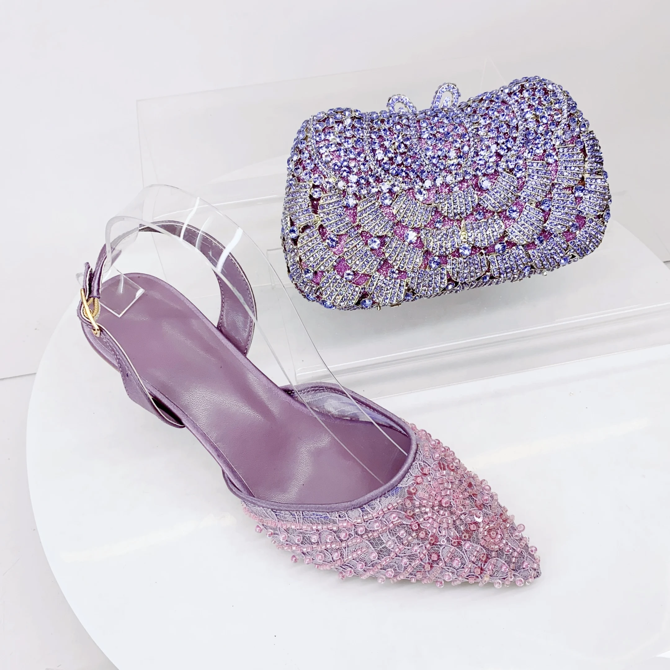 

LNATISNOVA Роскошные туфли на высоком каблуке с острым носком и стразами (сиреневые/синие/фиолетовые) и вечерний клатч-сумочка для вечеринок