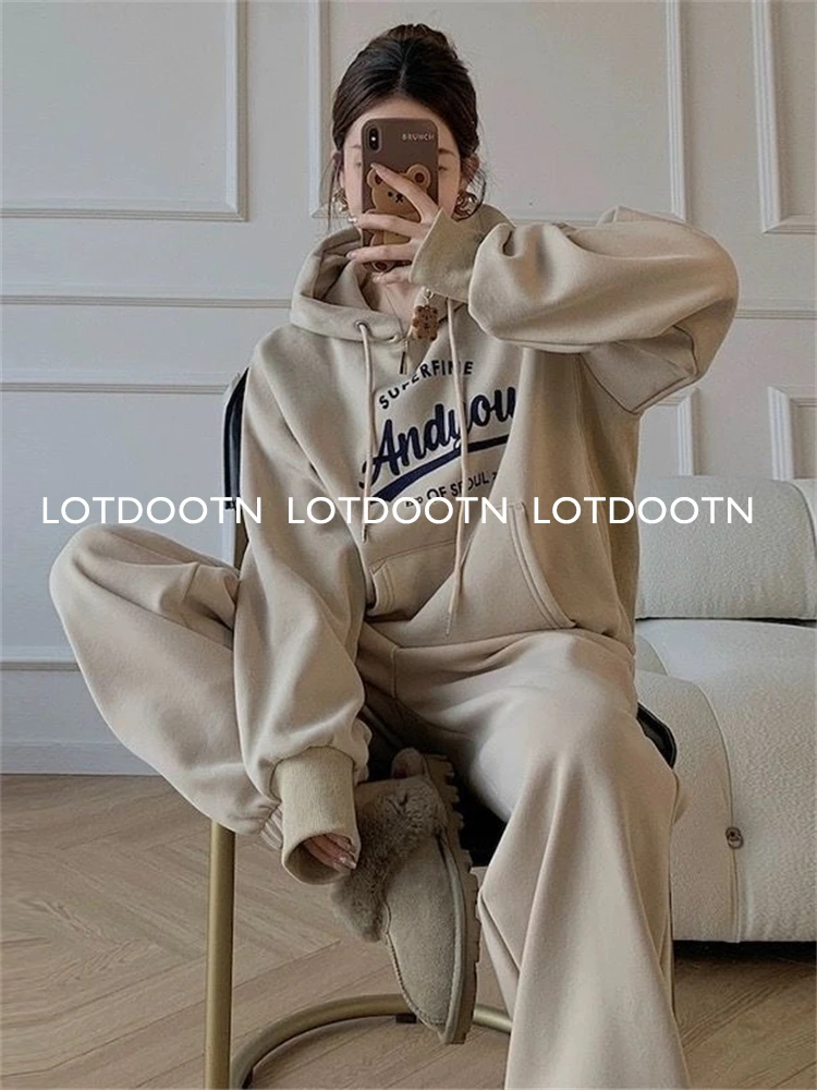 LOTDOOTN Winter Two Piece Sets Women Tracksuit 2023 Suit Autumn Trouser Suits Female Sweatshirt Solid Sports Hoodie Sportswear