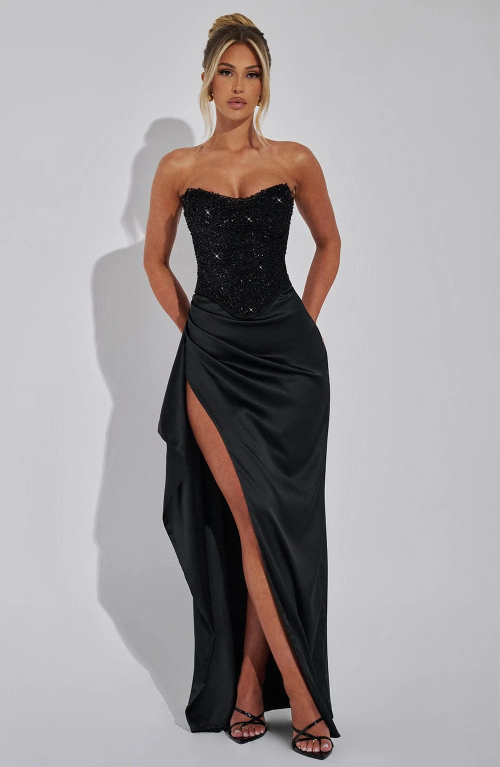Strapless Black Maxi Formal Dress Rhinestone Corset Bodice Satin Ruched High Slit Dresses Women Prom Evening Party Long Gown view 3