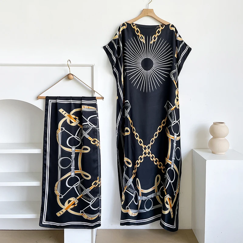 Fashion Summer Print Dress for Women with Big Scarf Loose Abaya Kaftan Turkish Dubai Style Muslim Casual African Paisley Shawl R
