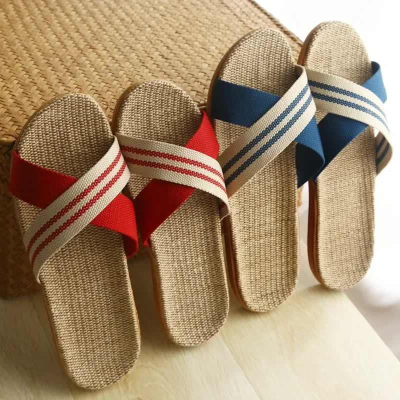 Summer Home Couple Thick-soled Indoor Soft-soled Household Sandals for Men Summer Cross-strap Linen Slippers for Women Anti-slip