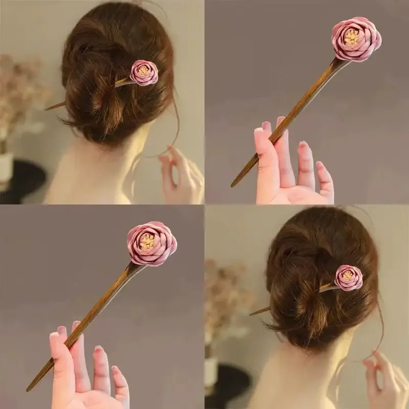 Flower Sandalwood Hairpin Retro Versatile Fashionable Hair Pin Ancient-Style Hanfu Hair Accessories Hair Chopsticks for Women