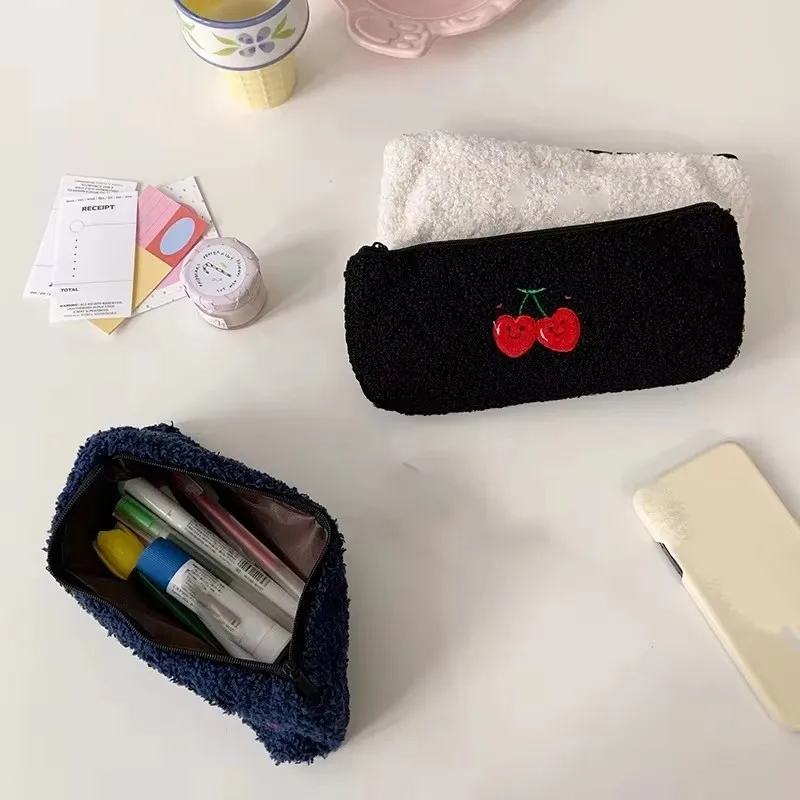 1 Piece Set Of Student Cartoon Soft Velvet Pencil Case Pen Eraser Ruler Storage Large Capacity Student Stationery Pencil Case