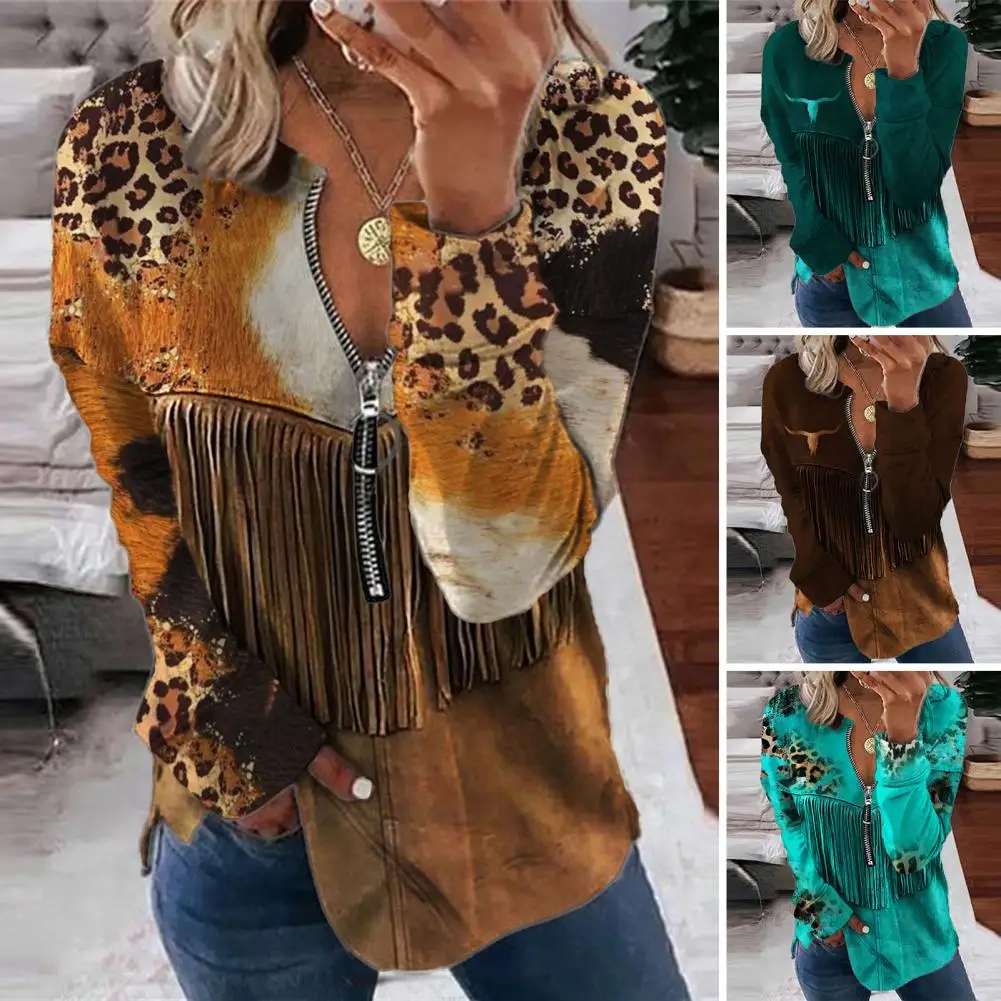 Female Shirt Chic V-neck Tassel Print Women's Sweatshirt Blouses with Front Zipper Casual Trendy Female Tops for Everyday Wear