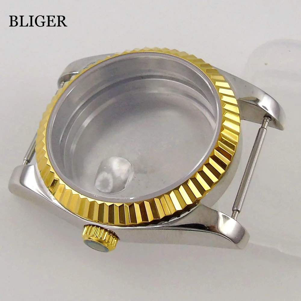 BLIGER 36MM 39MM Two Tone Rose Gold Silver Watch Case Fluted Bezel fit NH35A NH36A Miyota PT5000 Sapphire Glass Screwdown Crown