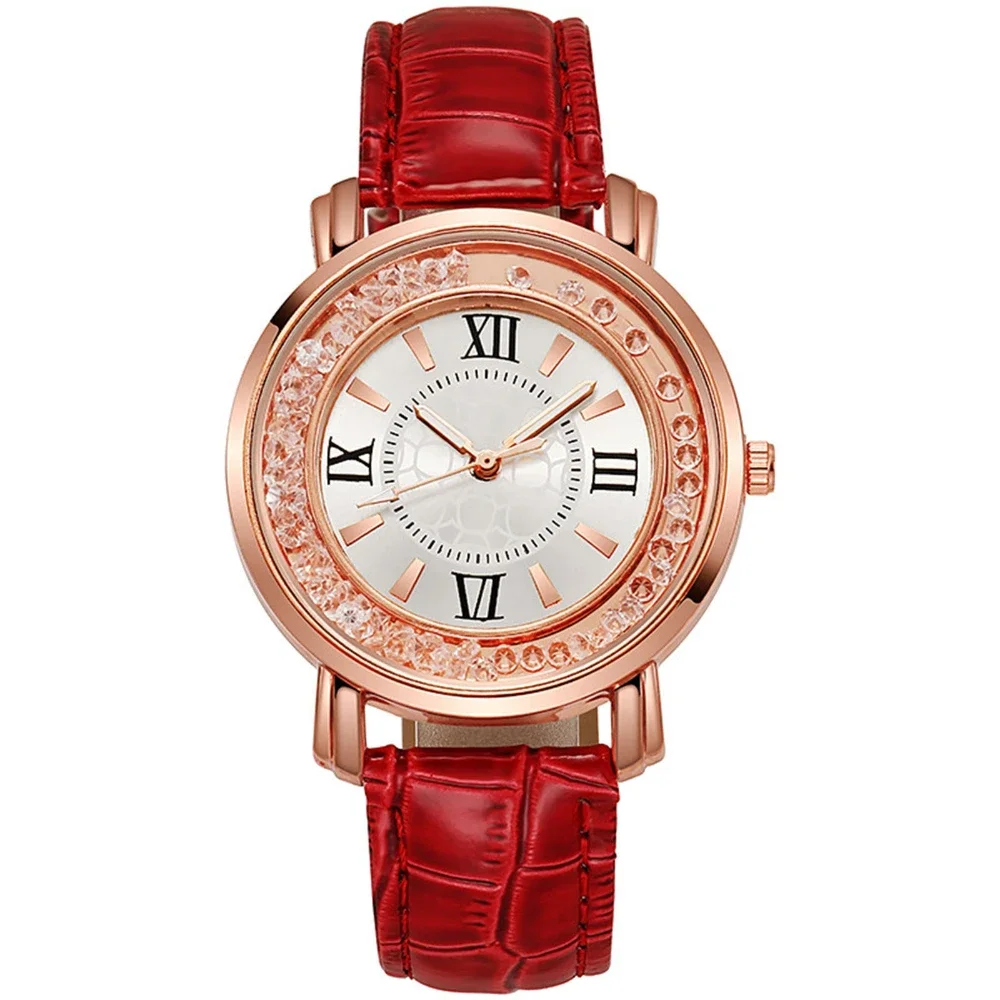 Women Girl Simple Quartz Wrist Watch PU Leather Strap Crystal Beads Round Dial Wrist Watches for Women Dress Clock Reloj Mujer