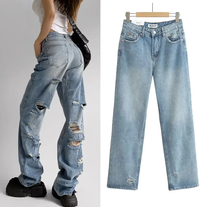 

Ripped Distressed Wide Leg Jean Women Ankle Length Hole Denim Pants High Waist Loose Fit Vintage Jeans Zipper Fly Streetwear