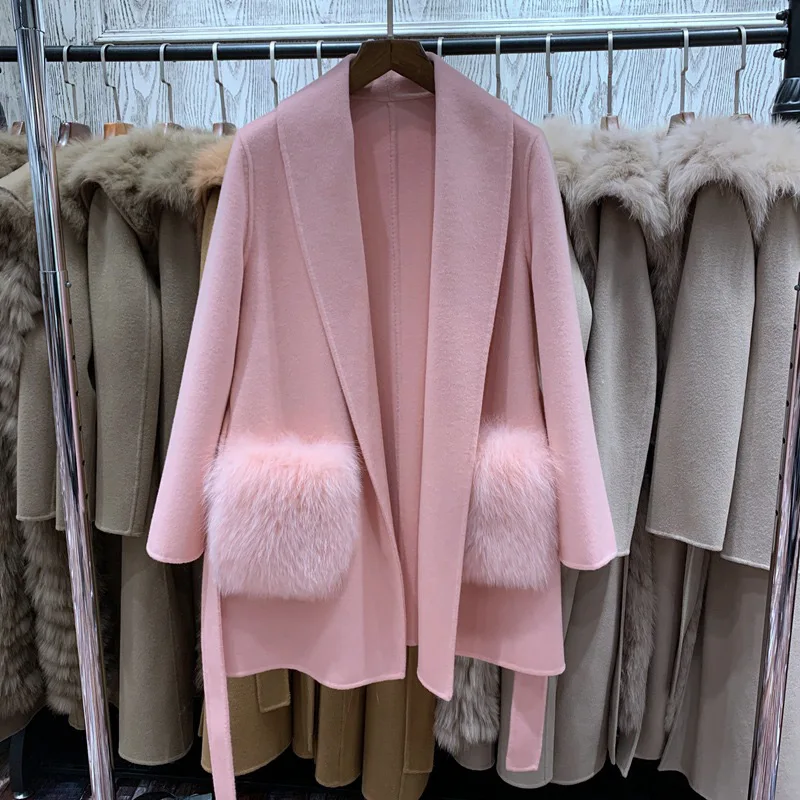 Women Real Wool Autumn Coats Lady Elegant Fur Jackets Genuine Fox Fur Pocket 3 Colors Female Trench ZY3792