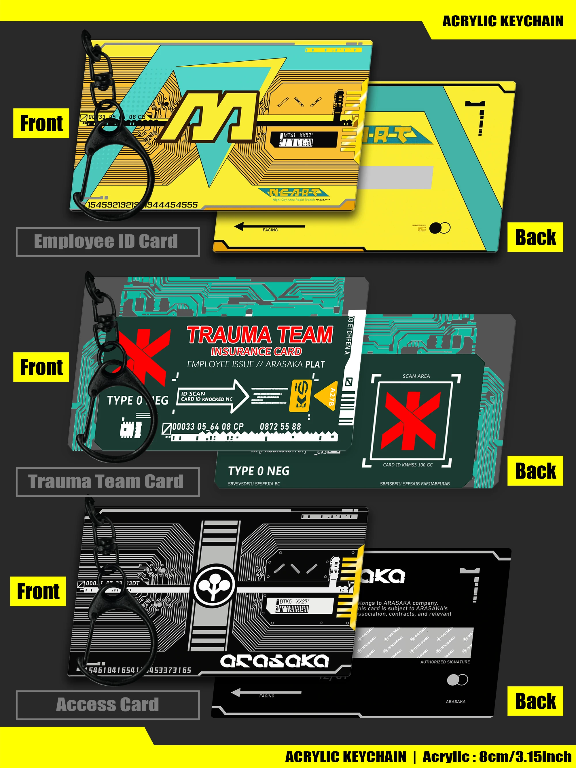 Faithful Replica of Cyberpunk2077 Employee ID, Trauma Team Insurance Card & Arasaka Access Card. 2D Acrylic Keychain, Collectibl