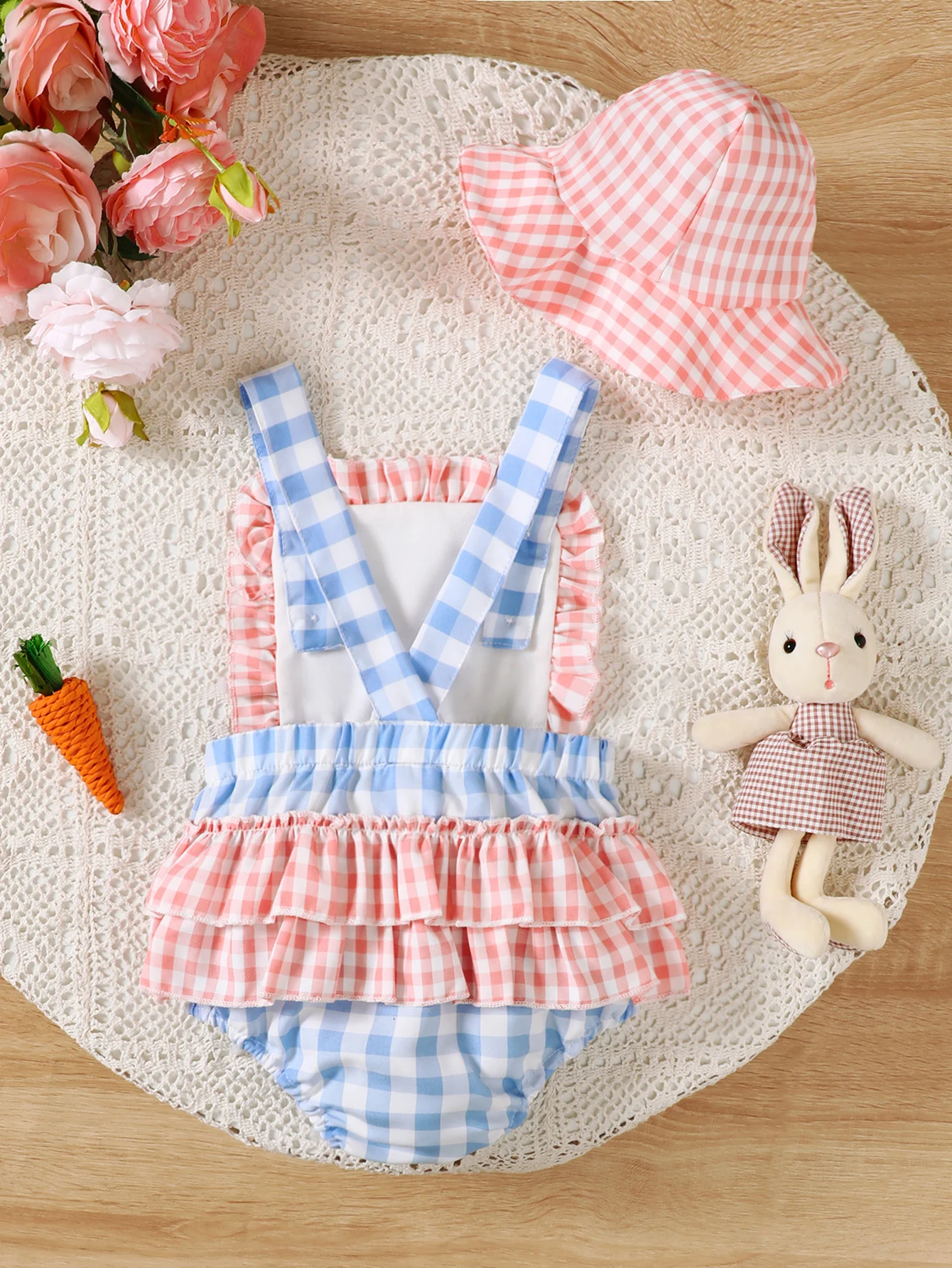 Baby Girl Summer 2Pcs Outfit Plaid Sling Romper + Hat Sweet Cute Bunny Carrot Embroidery Newborn Infant Bodysuit for 0-18 Months