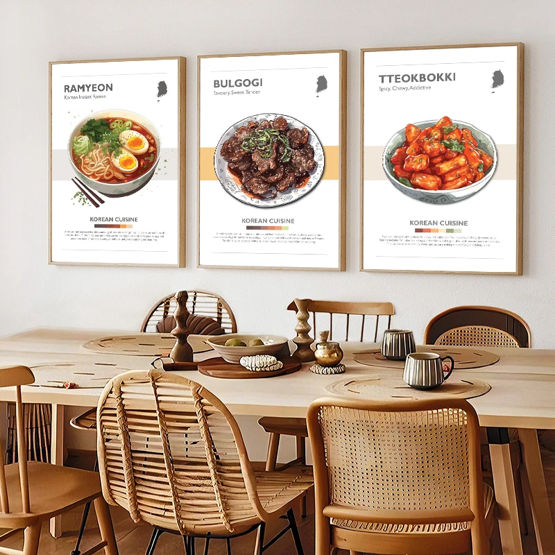 Korean Food Poster Bulgogi Bibimbap Gimbap Kimchi Sundubu Jjigae Canvas Painting Minimalist Wall Art Picture Kitchen Room Decor