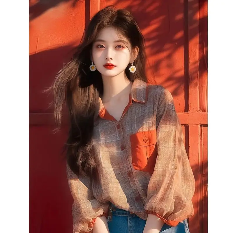 

Early Autumn New Style Shirt with Chic High End Feel Korean Orange Plaid Long Sleeved Blouse for Women