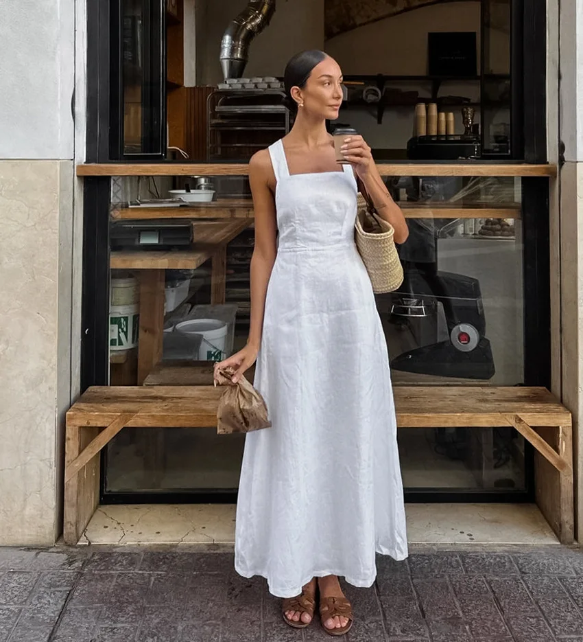 

White Simple A-line Long Dress Women Square Collar Sleeveless Chic Midi Dresses Summer Casual Fashion Holiday Vestidos 2025 New