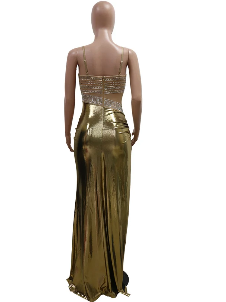 Kricesseen Glitter Metallic Golden Long Maxi Dress For Women Glam Twist Front Luxury Woman Crystal Party Dress Birthday Outfits