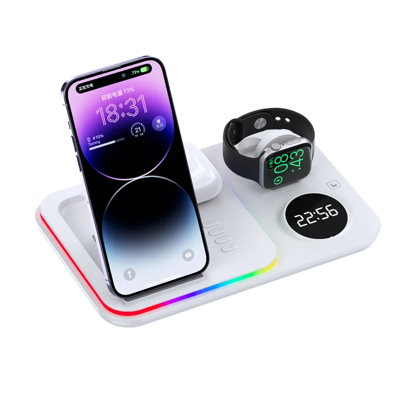 

Folding Cell Phone Wireless Charger RGB Lights Multifunction Headphone Watch Charging Station with Clock