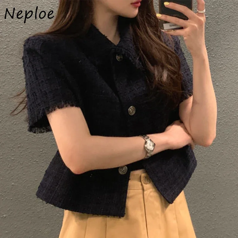 Neploe Korean Fashion Vintage Coat Turn Down Collar Solid Color Short Sleeve Jackets Pockets Tassel Single-breasted Outerwear