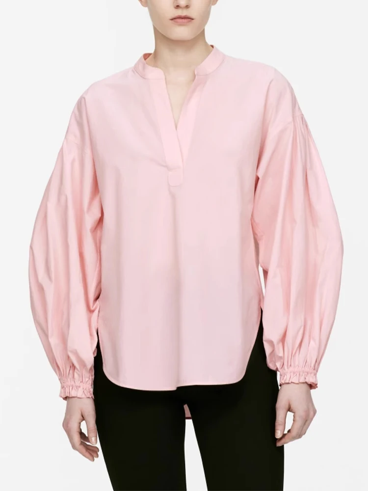 

European and American style women's clothing 2025 summer new style all-match solid color casual V-neck puff sleeve shirt top
