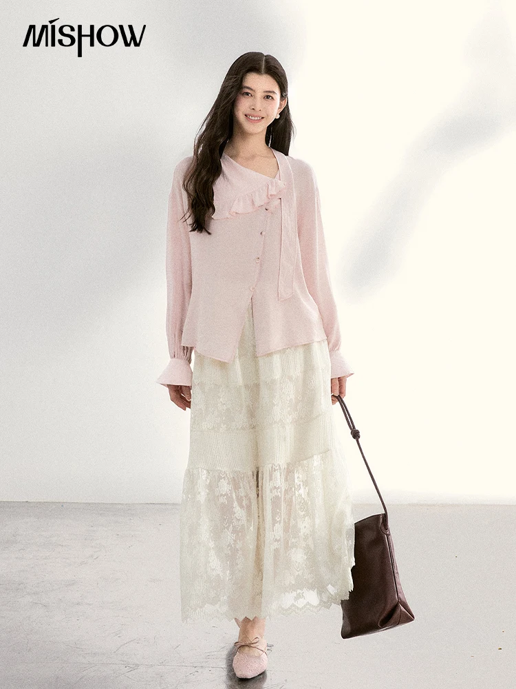 MISHOW Women's Pink Elegant Blouse 2026 Spring Asymmetrical Ruffled Collar Button Shirts Puff Sleeve Casual Loose Top MXF11X2520