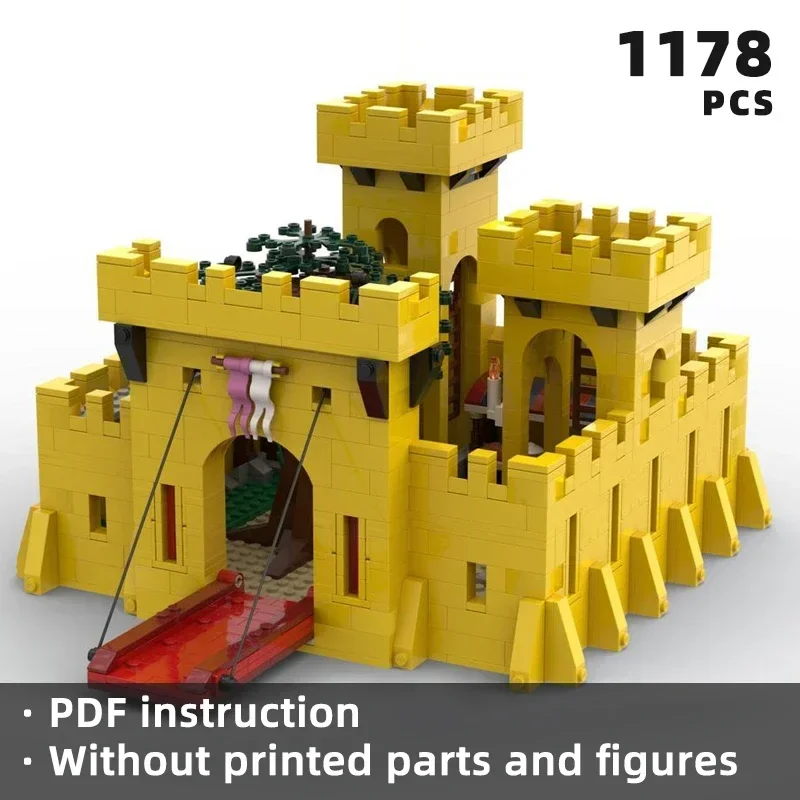 Briques de château jaune classiques de noël, forteresse militaire médiévale, blocs d'architecture de chevalier plus fort, château de briques modulaires moc