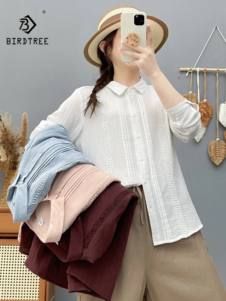 

New 2026 Spring Women Cotton Yarn Long Sleeve Shirt, Lapel Lace Patchwork, Mori Girl French Casual Thin Loose Blouse T63956CC
