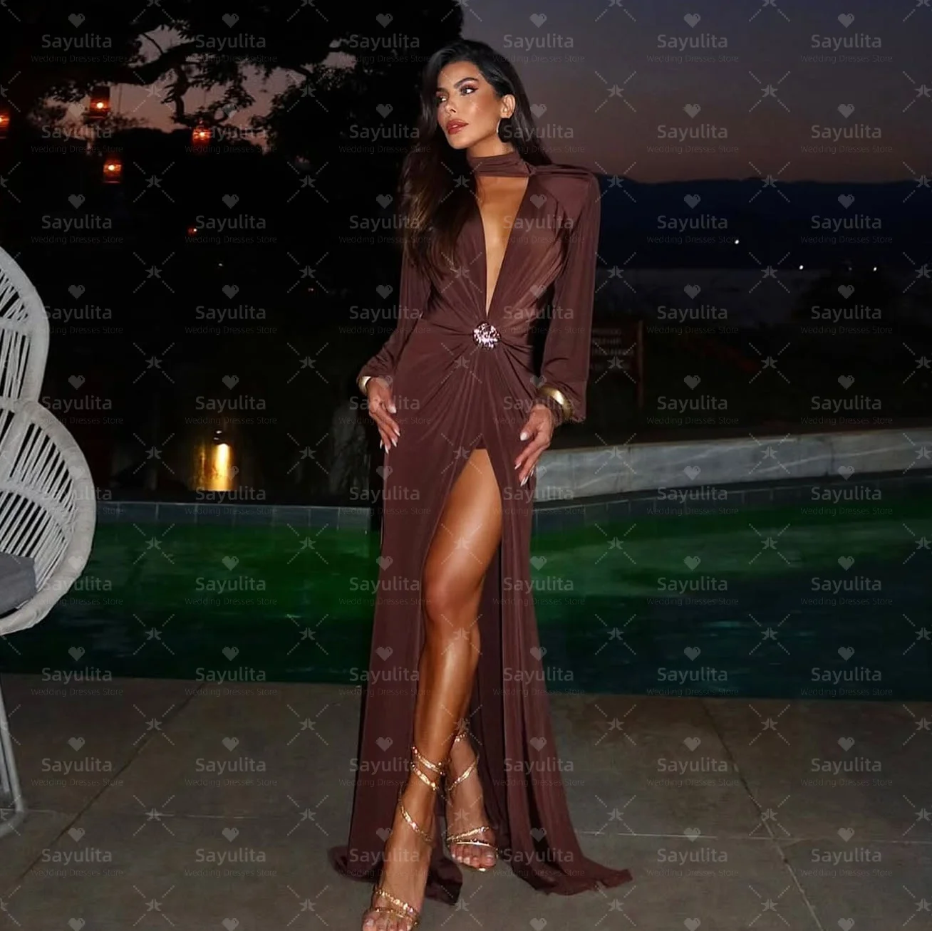 ชุดราตรี Sayulita คอวีลึก ชุดราตรีงานเลี้ยง แขนยาว ผ่าข้าง ชุดแต่งงาน สามารถสั่งตัดได้