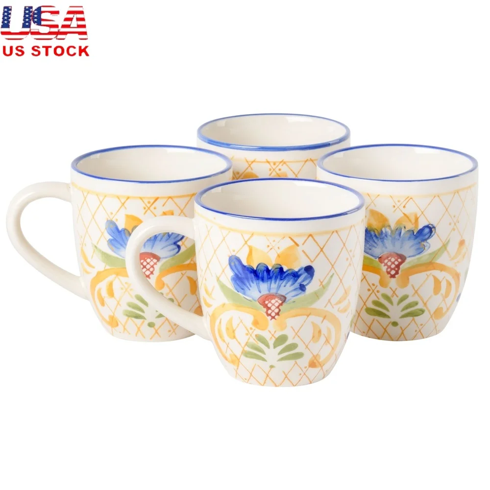 Juego de 4 tazas de gres pintadas a mano, apto para microondas, apto para lavavajillas, tazas de té y café de estilo campestre vibrantes, decoración rústica de cocina