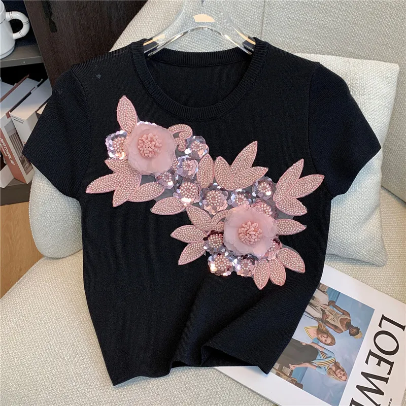 Limiguyue Sweet Pink Bead Sequin Knit Tshirt 3D Camellia Jacquard Short Sleeve Women Tops Summer Short T-shirt Knitwear Z231