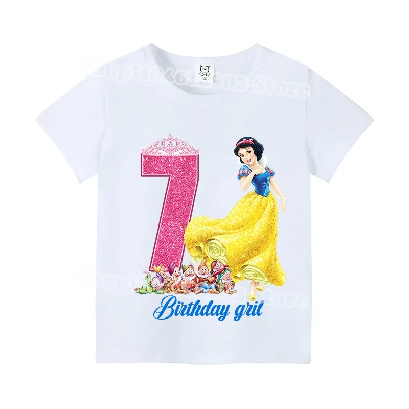 Branca de neve crianças camiseta meninas bonito manga curta 1-9 anos de idade aniversário t camisas de algodão roupas de verão criança moda topos