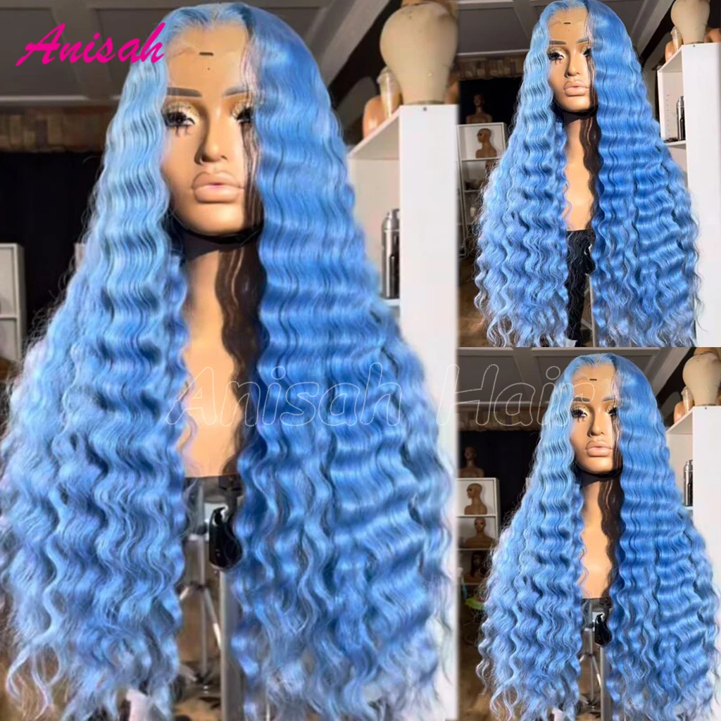 Perruque Lace Front Wig sans colle naturelle, cheveux humains, couleur bleu ciel, HD, transparente, 13 age