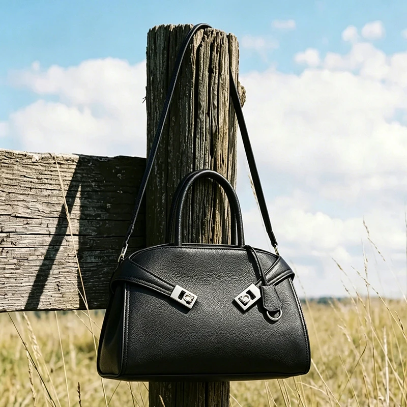 Full Grain Cowhide Tote Bag for Women, Genuine Leather, Large Capacity, Commuter Shoulder Bag, Crossbody Handbag, Pebbled Pattern, Double Lock Buckle, Niche Design
