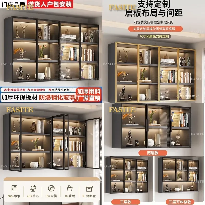 For Glass Display Cabinet Wall Mounted Hanging Shelf Bookcase Kitchen Restaurant Storage Showcase Figure Display Rack Home