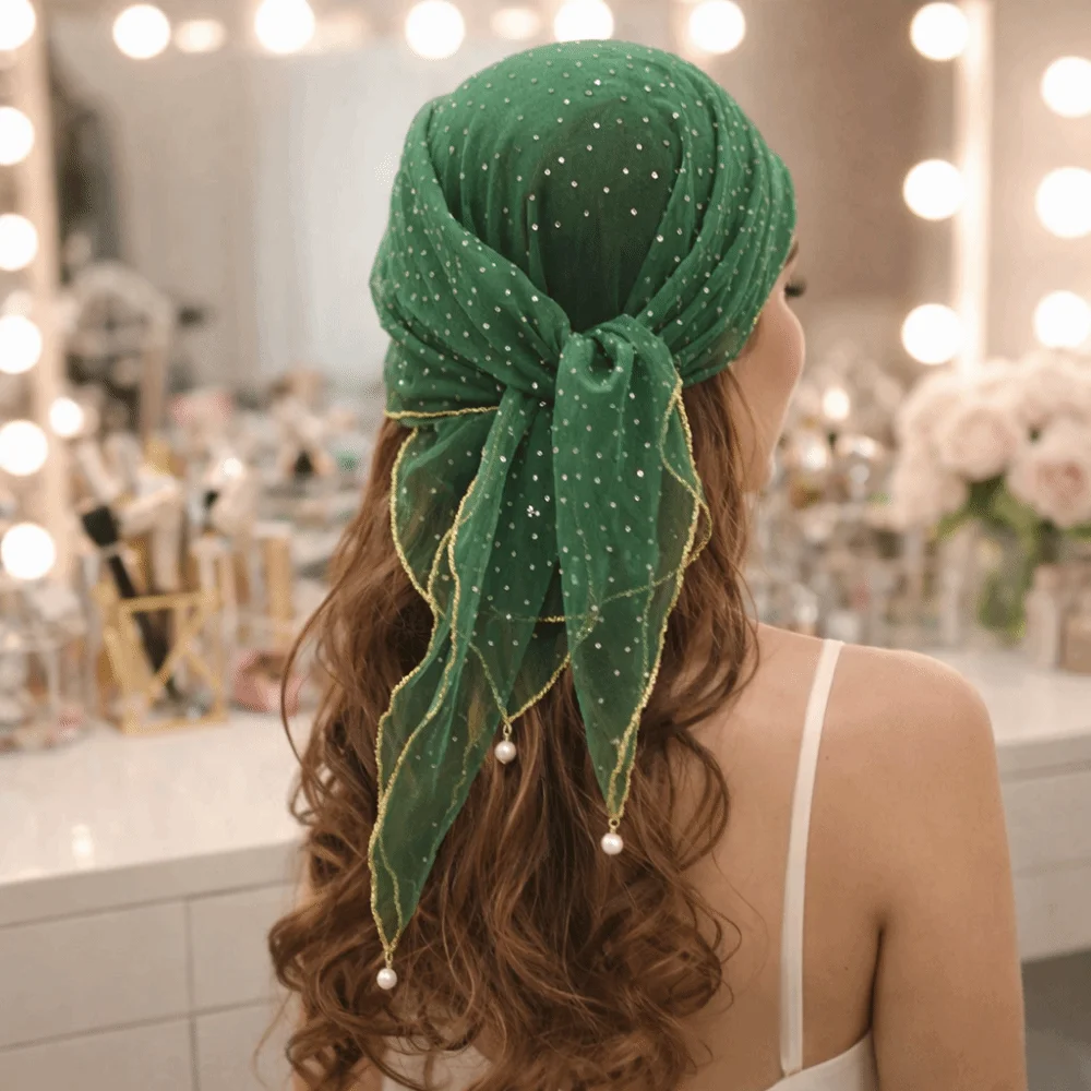 

Pearl Tassel Rhinestone Square Scarf Lace Trim Solid Color Full Sky Star Headwrap Breathable Fabric Hair Wrap