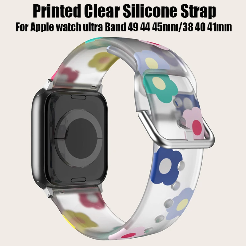 Colorful Printed Strap for Apple Watch 49mm 44mm 45mm Clear Soft Silicone Sports Wristb Accessories for Apple Watch 38/40/41mm B