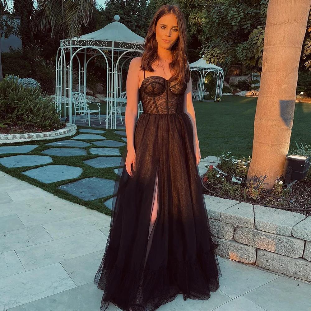 

Black Tulle Prom Dress for Women 2023 A Line Sweetheart Spaghetti Straps Prom Gowns Long Thigh-High Slit Lace Evening Dresses