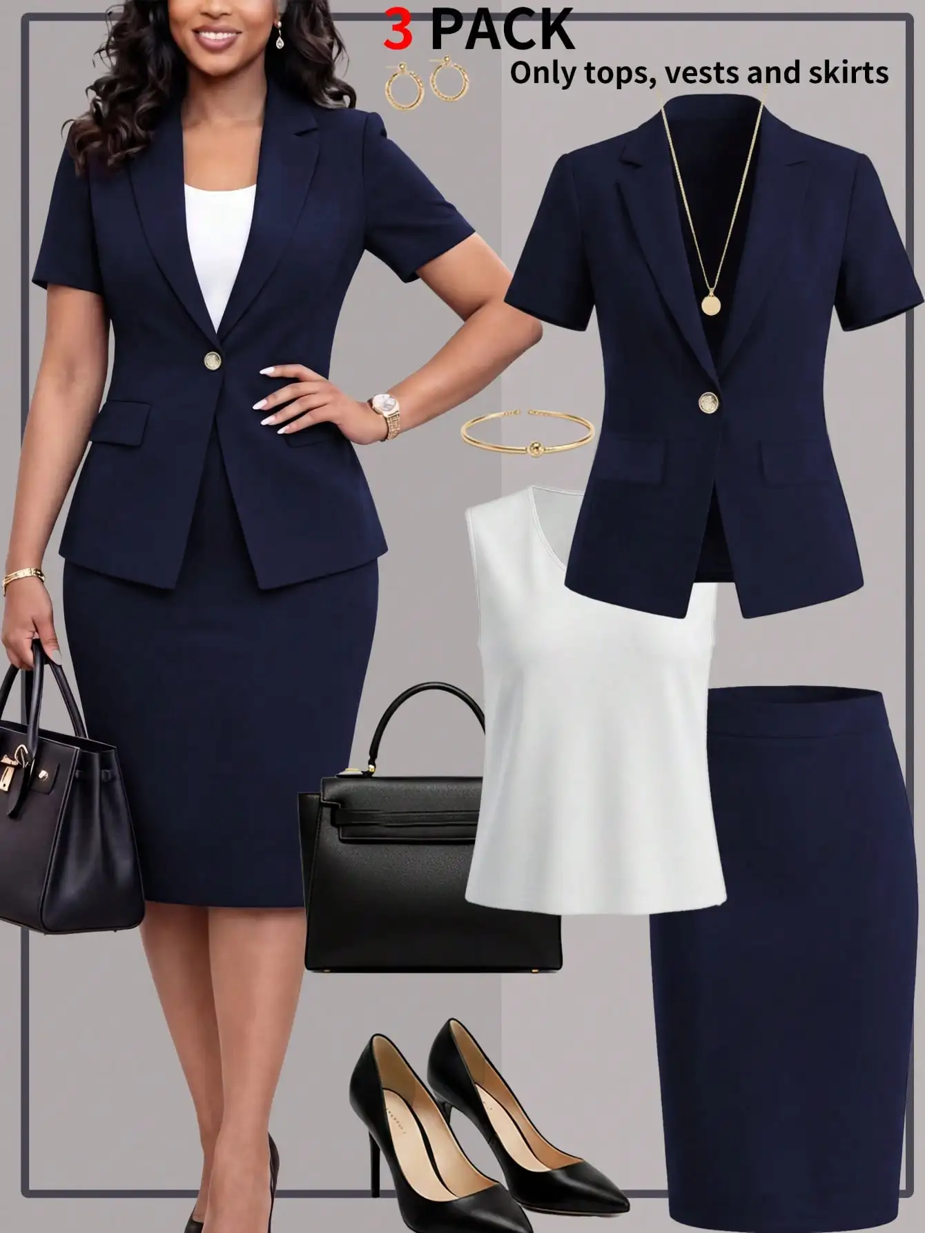 Women's elegant business-style short-sleeve blazer set for spring and summer, paired with a solid-color camisole and a knee-length skirt. Ideal for job interviews, business office wear, and fashionable commuting.