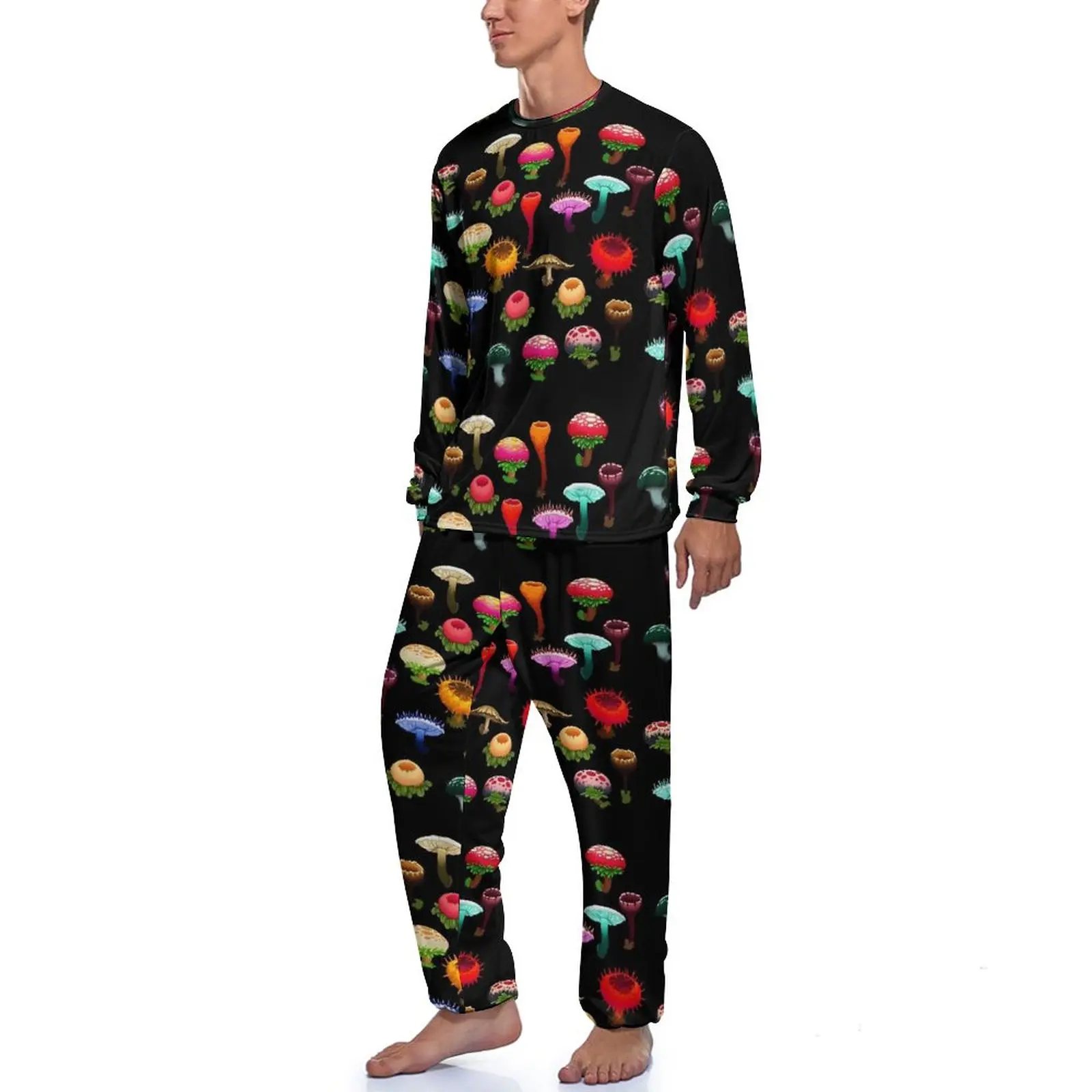 Colorful Mushrooms Pajamas Red Yellow Men Long Sleeves Kawaii Pajama Sets 2 Pieces Sleep Autumn Design Nightwear Gift Idea