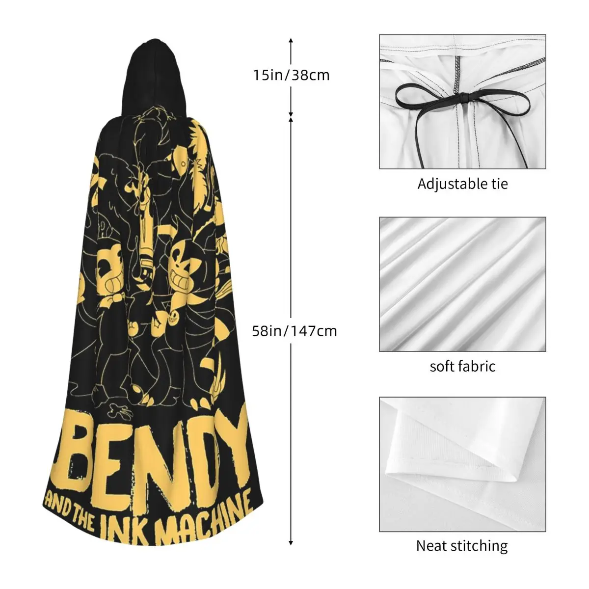 ألعاب الرعب Bendy and The INK Machine عباءة طويلة بغطاء للرأس الساحرة في القرون الوسطى زي تنكري معطف الهالوين للبالغين للجنسين