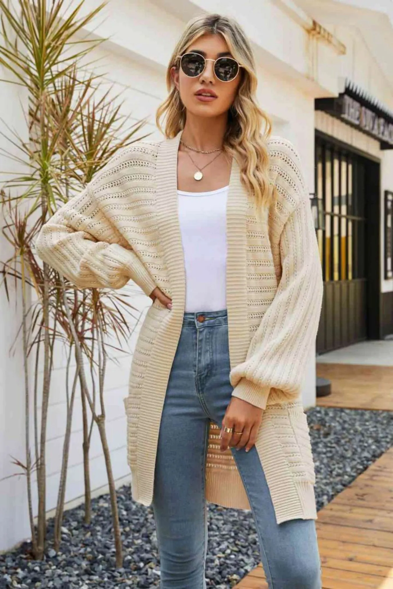 

Women's Loose Fit Open Knit Cardigan Long Sleeve Balloon Sleeve Open Front Longline Coat for Fall Winter Streetwear Fashion