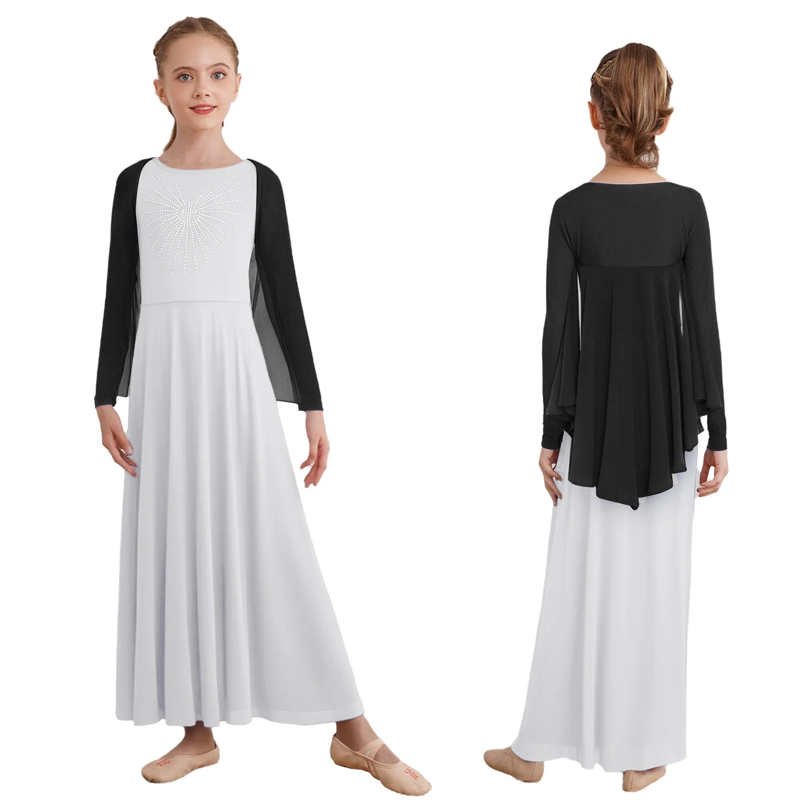 

Танцевальный костюм для лирического поклонения для девочек, платье макси со стразами и длинными рукавами, шаль с крыльями ангела, танцевальная одежда для церковного хора