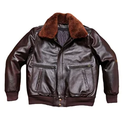 Dark Brown Winter Pilot Leather Jacket Men American Retro Style Genuine Natural Cowhide Military G1 Flight Leather Coat