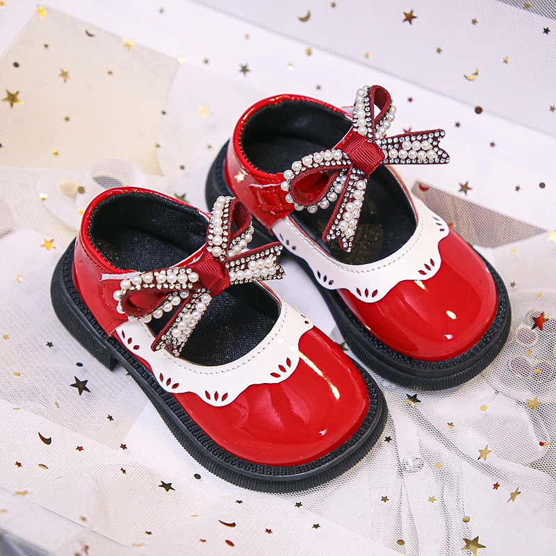 

Girls Shoes Kids Flats Baby Anti-Slippery Mixed Color Casual Princess Shoes for Child Bow Rhinestones Leather Shoes Free freight