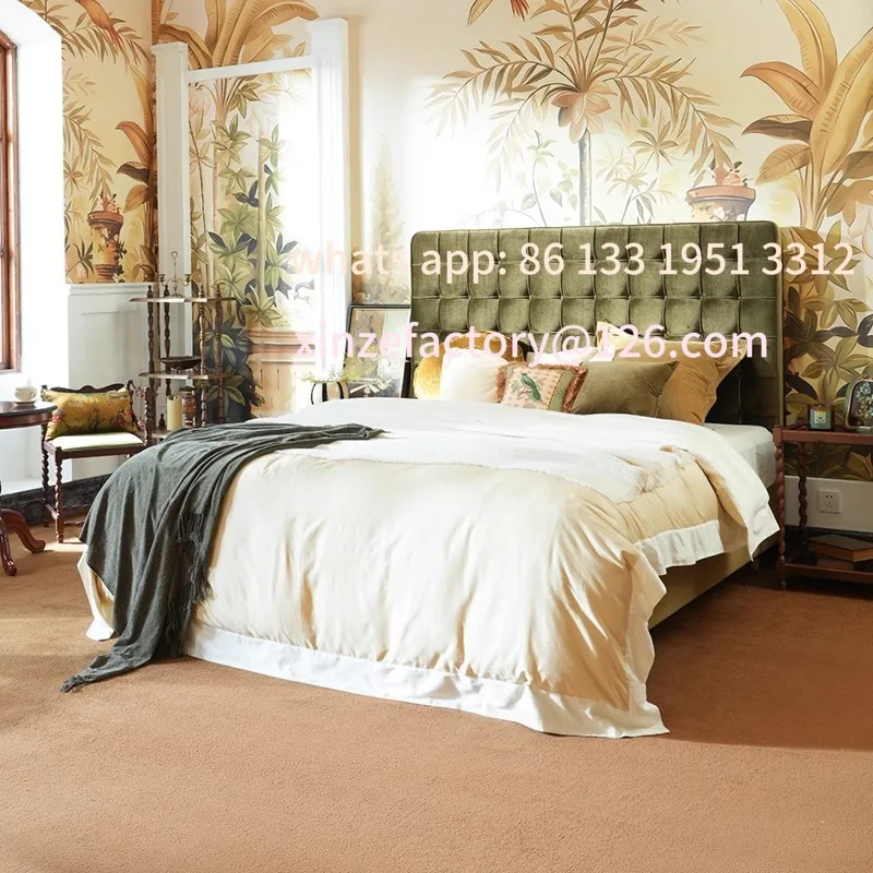 

Customizable French light luxury fabric bed cream wind simple retro velvet soft bag double bed square grid buckle master bedroo