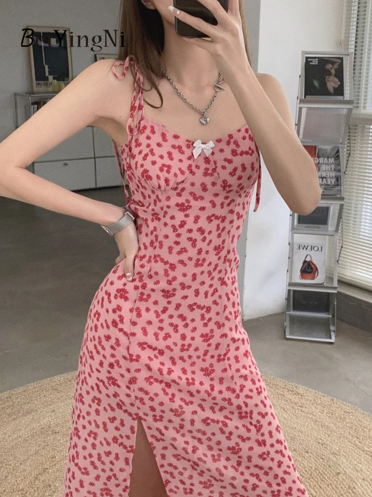 Beiyingni Stylish Women's Spaghetti Strap Dress Floral Printing Bow Romantic Sexy Dresses Pink Casual Slim Vestidos Feminino