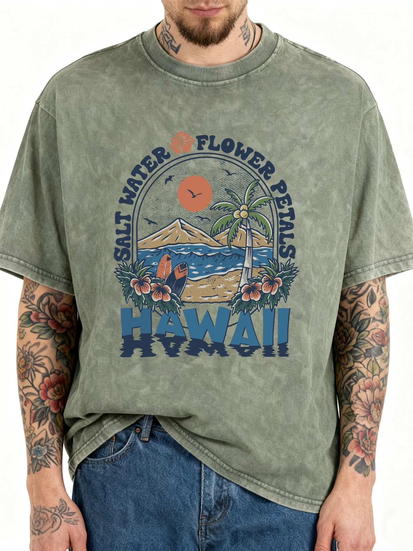 Hawall Salzwasser Blumendruck Gewaschenes T-Shirt Herren Unisex Bequeme Baumwoll-T-Shirts O-Ausschnitt Neue Kleidung Lässiges, lockeres Sommer-Top
