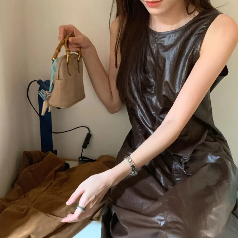 Robe longue débardeur en cuir pour femmes, Style français, Vintage, sans manches, coupe cintrée, ligne a, mi-longue, printemps