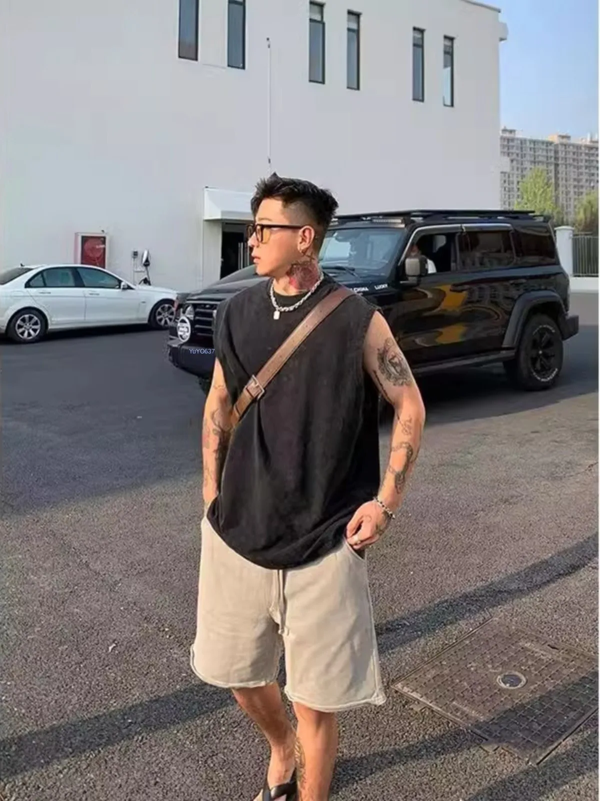 Extra Large 300 Pounds  Color Sports Vest Men's Summer Washed Loose T-Shirt Hong Kong Style Versatile Shoulder Shirt